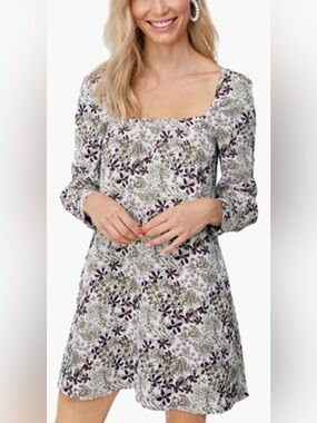 Tuckernuck Small Lexi Mini Dress Floral Square Neck Puff Sleeve Smocked Green